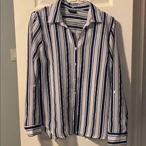 Dark blue & white striped button up shirt
